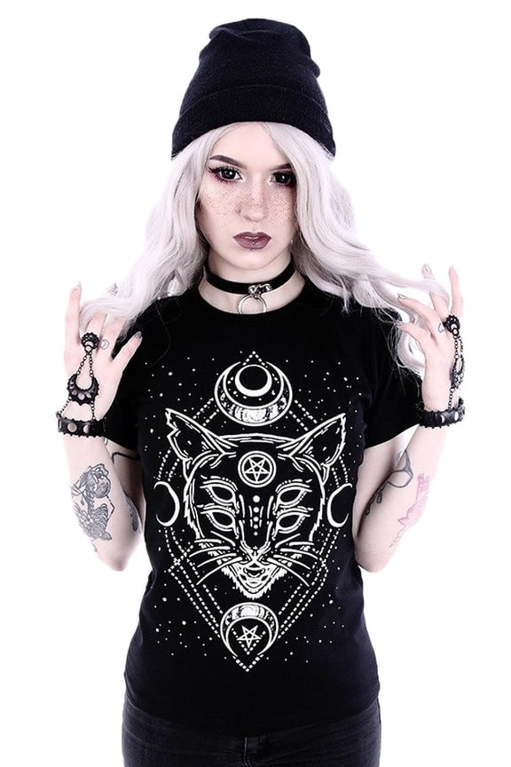 Gothic Galaxy Moon Cat T-Shirt (Small)