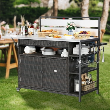 Dextrus Kahlea Bar Cart, Versatile Outdoor Serving Station with Adjustable Stainless Steel Top, Multidirectional Wheels, and Ample Storage, for Entertaining and Outdoor Dining