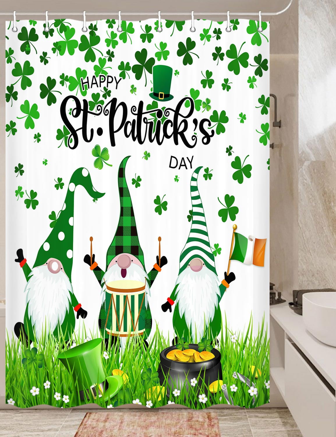 St. Patrick's Day Shower Curtain, Green Clover Shamrock Shower Curtain