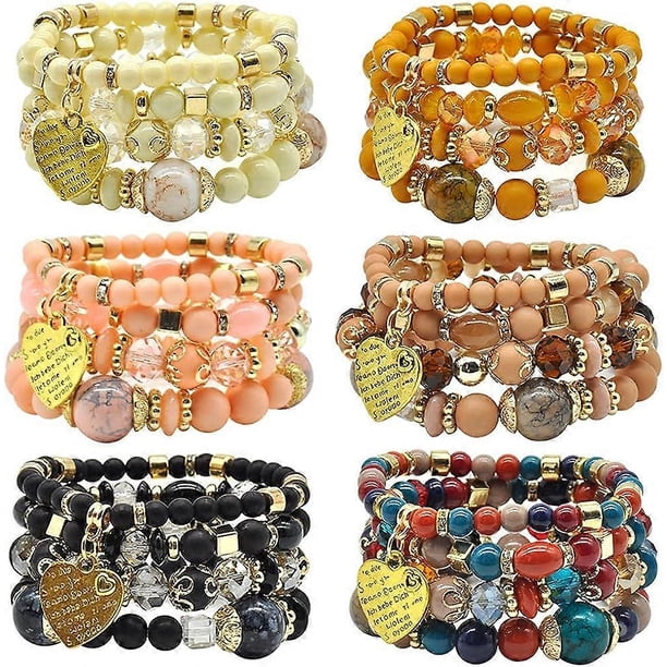SZTXJ Boho Bracelet Set for Women - Set of 6 Stackable Stretch Bracelets Multicolor Boho Jewelry Hippie Bracelets for Ladies Dainty Jewelry Gifts for