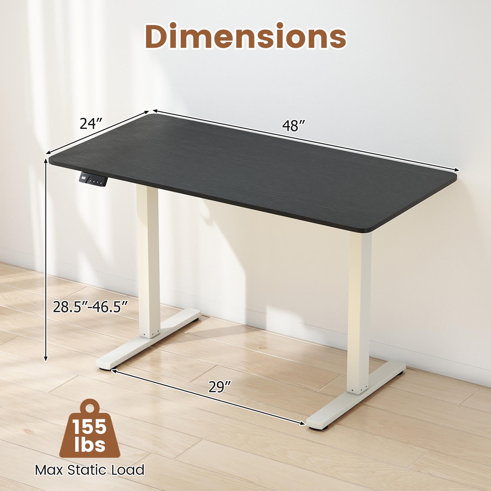 Costway 48” x 24” Electric Standing Desk with LED Display 2 Memory Height Settings for Home Black+White