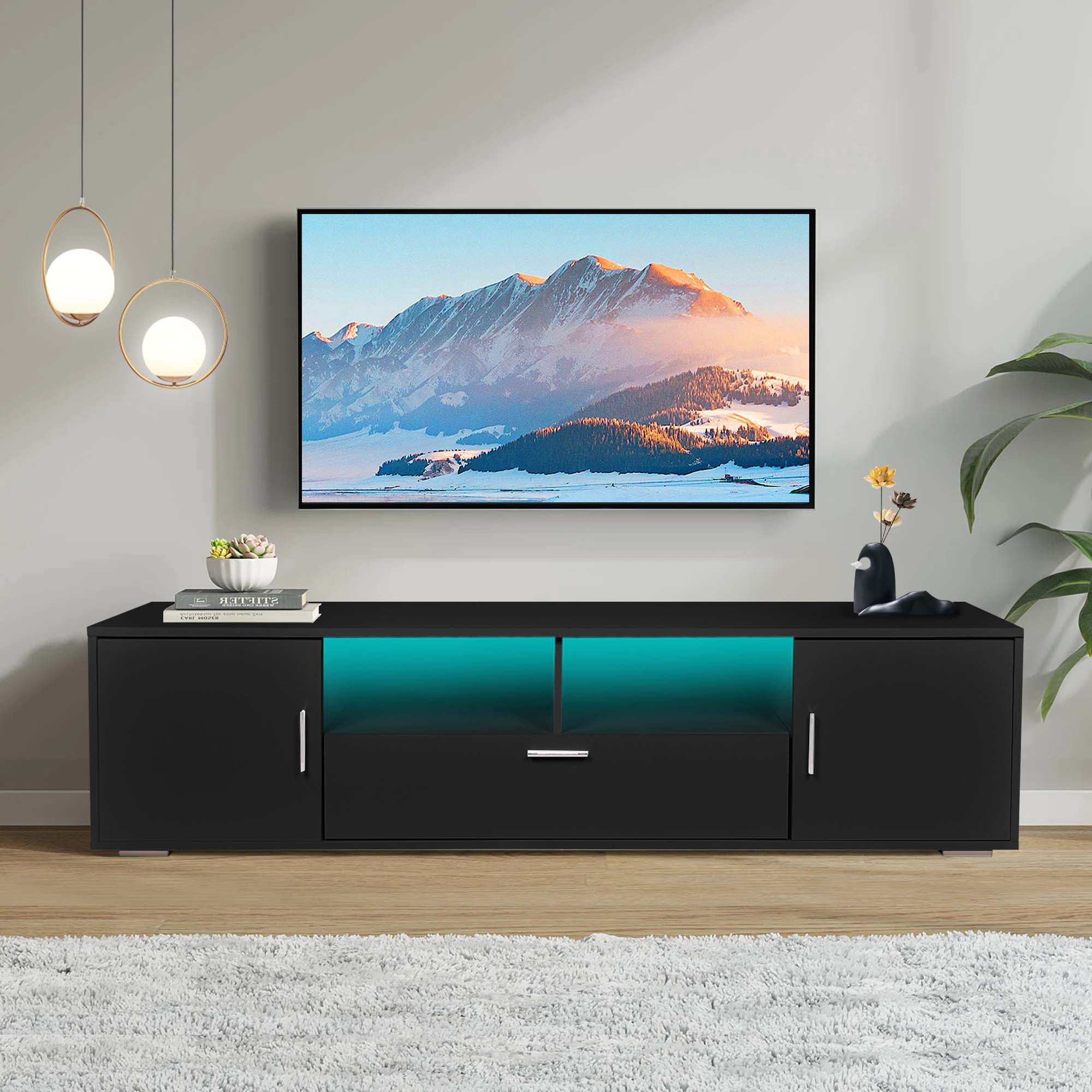 Aukfa Modern TV Stand with LED Light for TVs up to 70" - Entertainment Center TV Cabinet for Living Room - Black