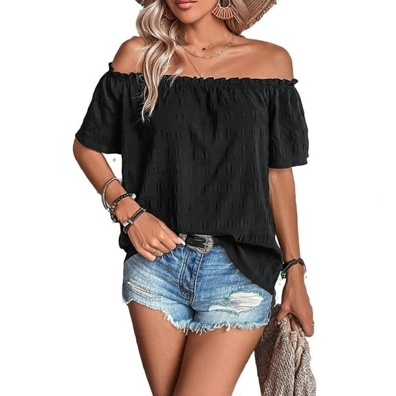 Casual Plain Top Off the Shoulder Black Short Sleeve Women's Blouses S (4)