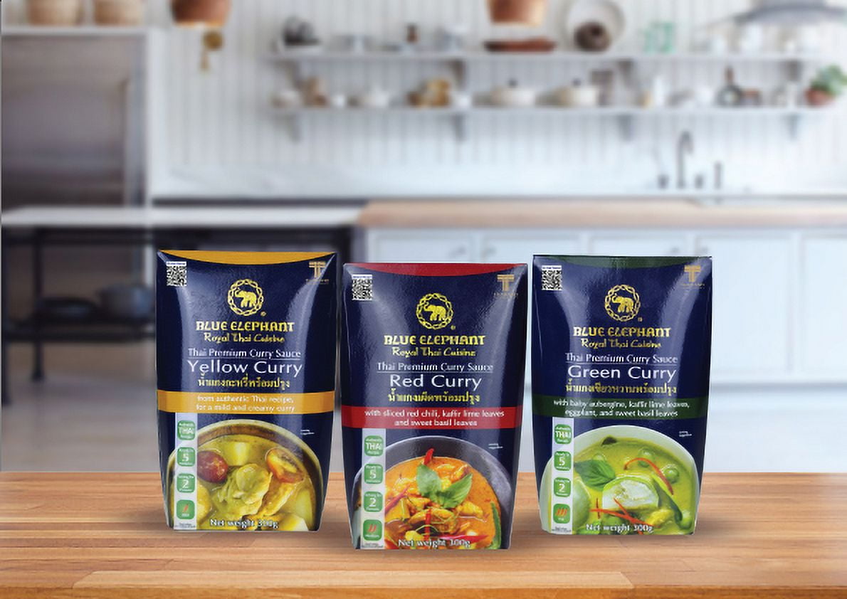 Blue Elephant Royal Thai Cuisine Variety Pack with One Each Yellow, Red and Green 300g Curry Sauce