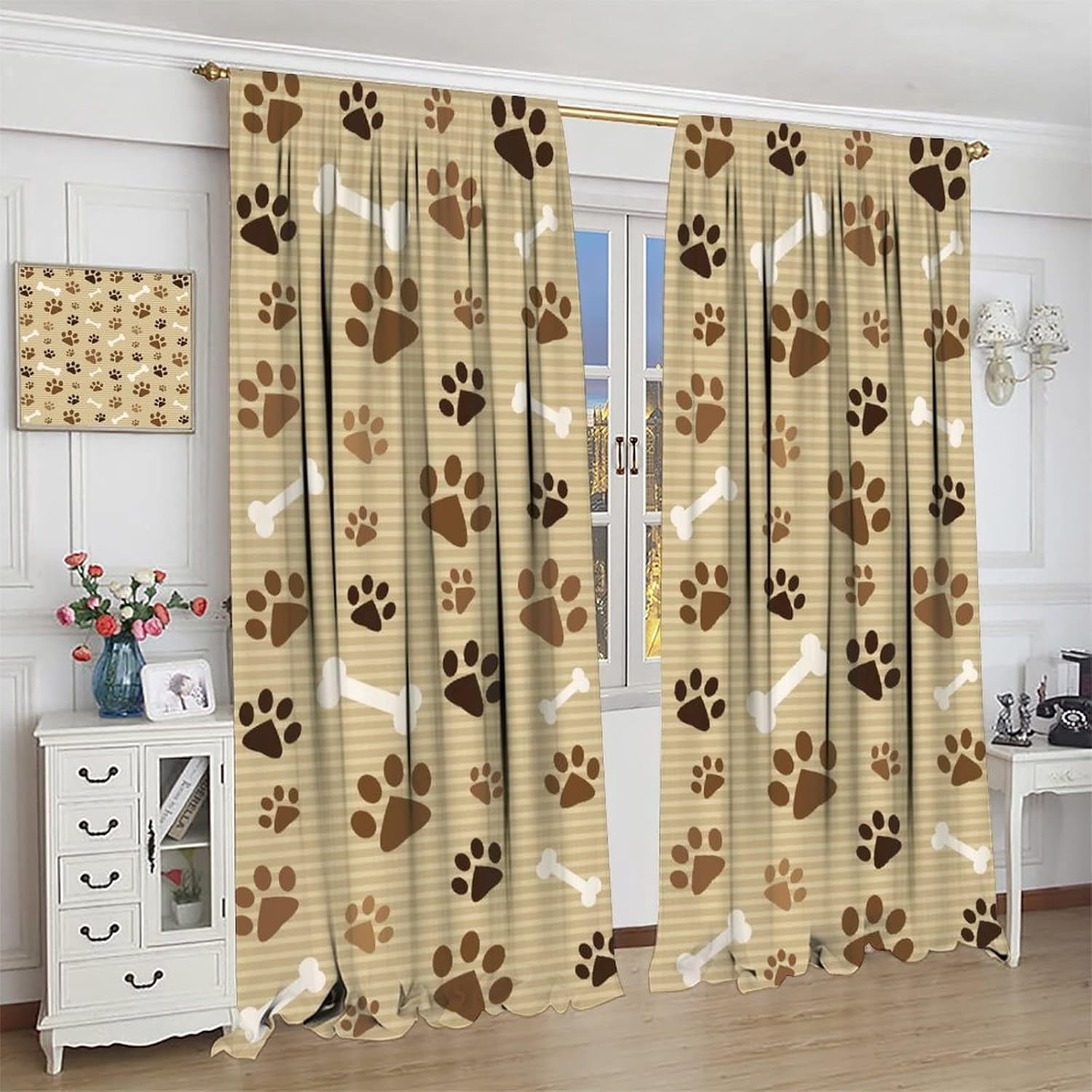 Cartoon Dog Curtains Coffee Color Dog Paw Prints Pattern Bone Rod Pocket Blackout Window Treatment for Kids Girls Bedroom Children''s Room Kitchen Home Decor Art Printed Window Drapes 42x63in