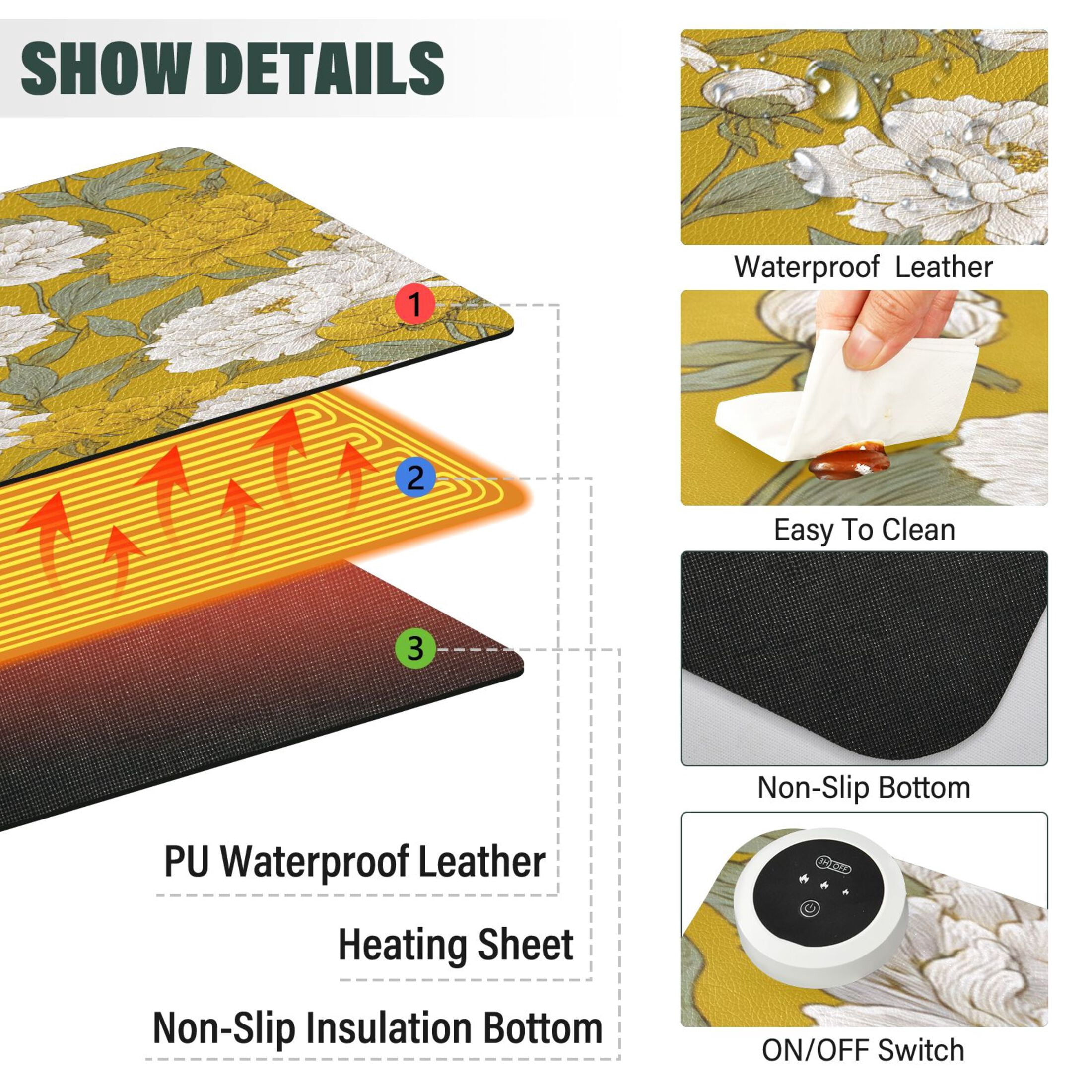 Large Heated Desk Mat Mouse Pad 31.5"x13"PU Leather Graphene Heating Desk Warmer with 3 Temperature Settings 110V US Plug Non-Slip Warm Pad for Home, Office, and Gaming Orchids Of The Retro Era