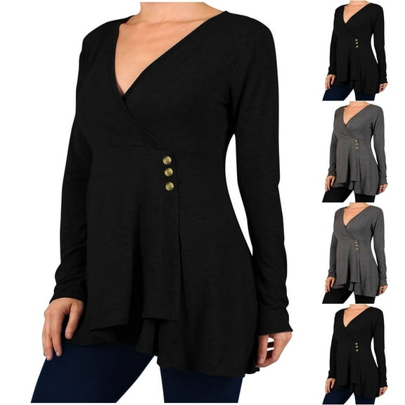 Fengqque Women's V Neck Tops Long Sleeve Shirts Casual Fitted Tee Shirts Solid Color Fall Basic Top Gray XL(XL)