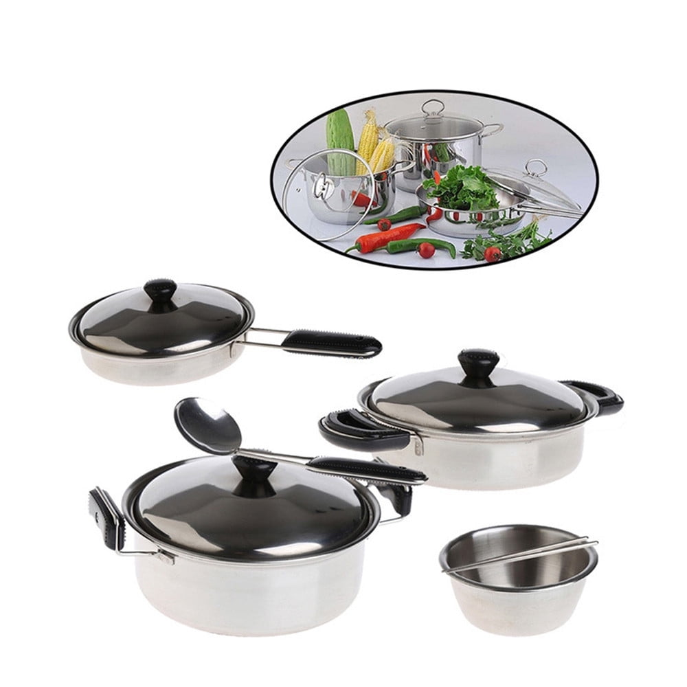 1 Set Stainless Steel Kids Cooking Cookware Pots Pretend Kitchen Playset Toys QK 