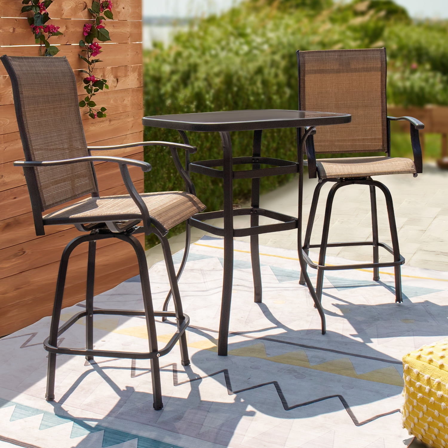 Vineego 3PCS Textilene Swivel Bar Sets, High Bistro Sets,2 Bar Stools and Bar Table
