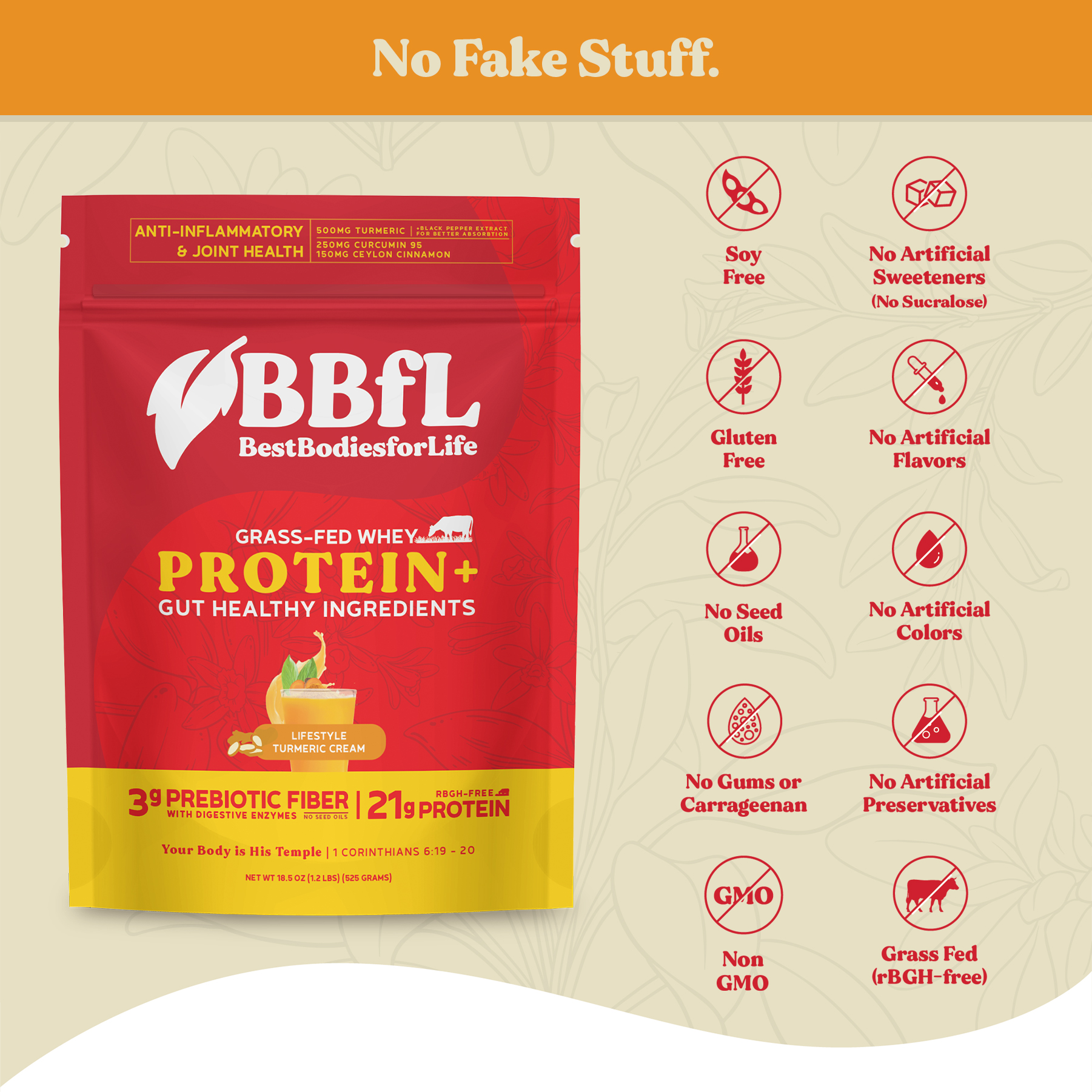 BBfL Protein Functional Powder, 21g Protein, Grass-fed Whey Protein, Apple Cider Vinegar, 50mg Digestive Enzymes, Prebiotics, 750mg of Turmeric/Curcumin 95% Extract (15 Servings, Turmeric)
