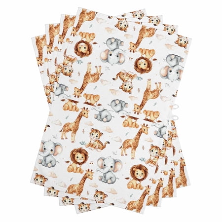 Funny Animals Kitchen Towels Set of 4 Water Absorbent Dish Towel Cartoon Lions Giraffes Elephant Forest Decorative Hand Towels - Quick Drying Cloth for Cooking Baking 18x28 Inch