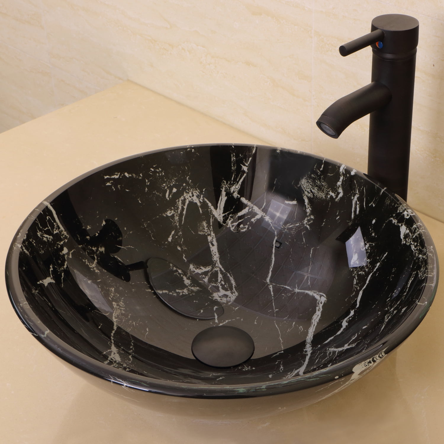 WALCUT Round Black Decorative Art Bathroom Vessel Sink without Overflow