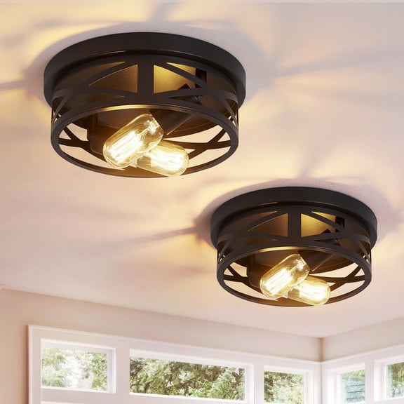 HKMGT Industrial Round 2-Light Flush Mount Ceiling Light, Matte Black, E26 Base, Adjustable Light Direction, for Kitchen Hallway Entryway (Bulbs Not Included)