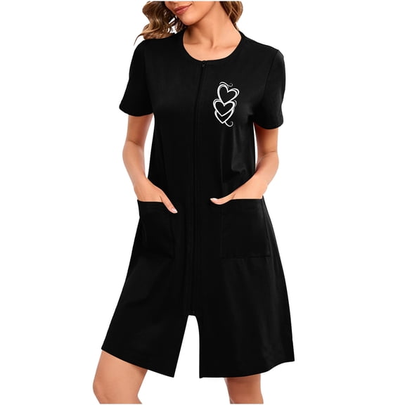 SCSAlgin Zip Up Robes for Women Short Sleeves Zipper House Coat Short Bathrobes Lightweight Nightgown with Pockets