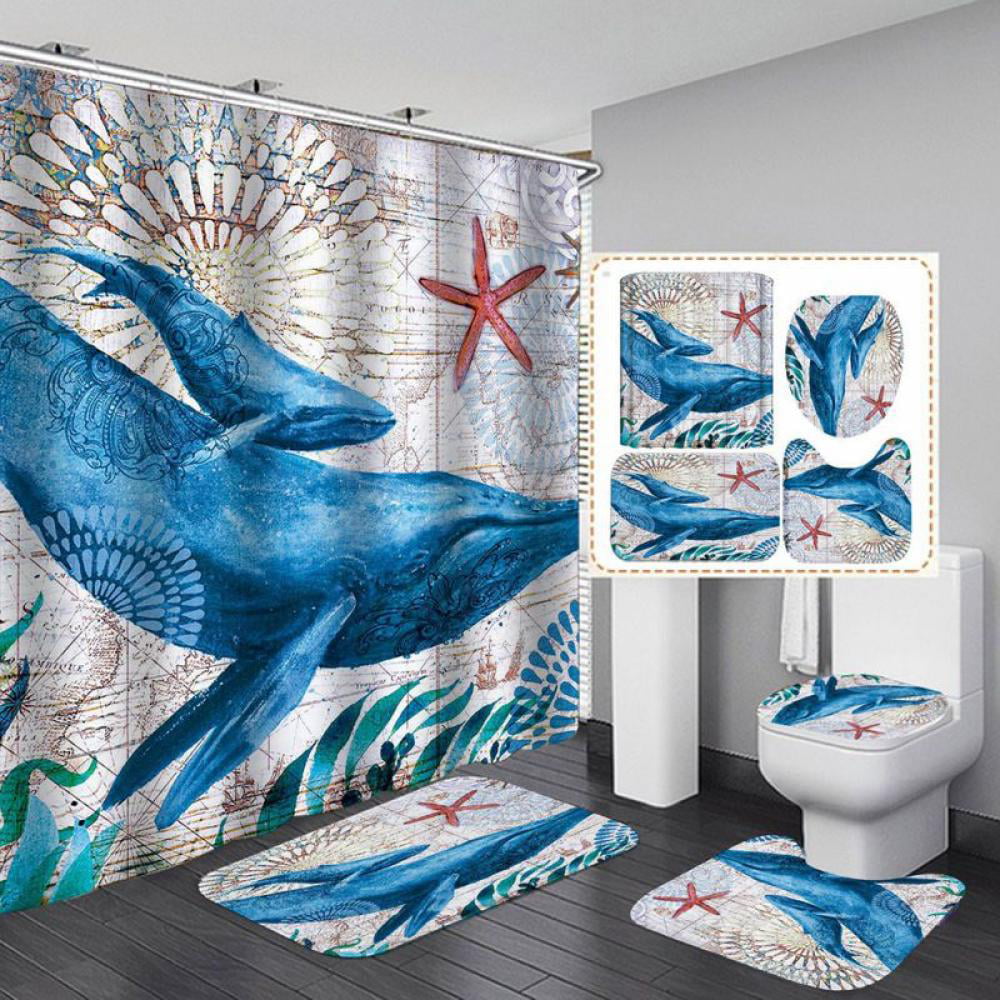 3D Printing Sea Elephant Waterproof Bathroom Shower Curtain Toilet Cover Mat Set 