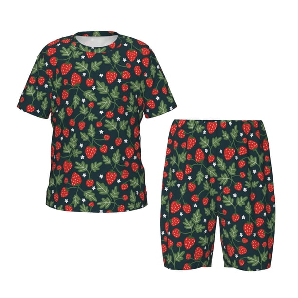 Fotbe Strawberry Pijama Estampada de 2 Piezas para Niños – Ropa de Dormir de Manga Corta Cómoda para Niños y Niñas, Camiseta y Shorts de Algodón-Small