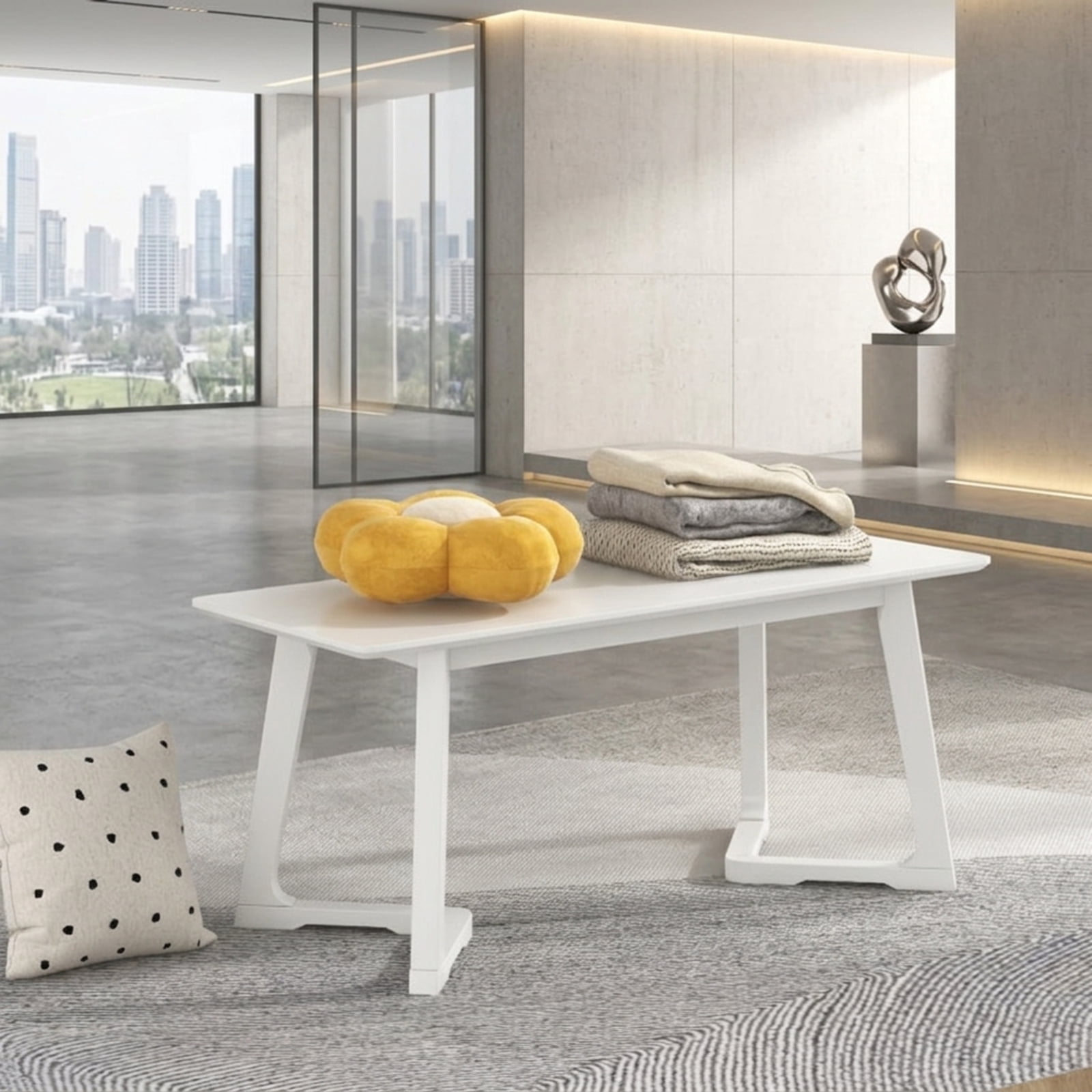 Furnibear 42 Inch Modern Entryway Bench with Solid Rubber Wood Legs and Open Bottom Shelf for Hallway Bedroom Dining Room Shoe Storage, White