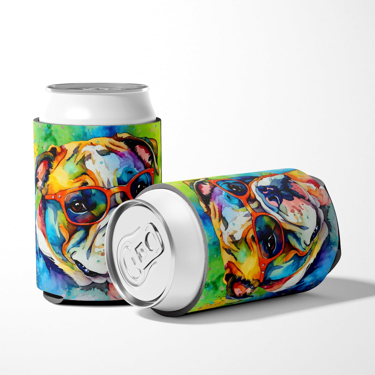 English Bulldog Hippie Dawg Can or Bottle Hugger 3 in x 5 in