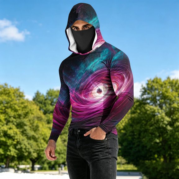 Yaoyar Mens Print Long Sleeve Hooded Pullover with Face Mask Ice Silk Sun Protection Top UV Protection Outdoor Long Sleeve Hoodie
