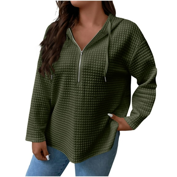 Lenpel Hoodies for Women Fashion Long Sleeve Half Zip Curved Hem Drawstring Textured Sweatshirts Casual Pullover Tops(Army Green,X-Large)