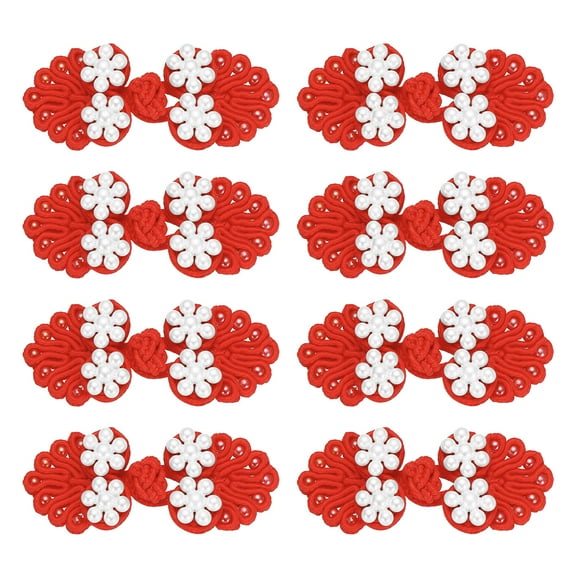 8 Pairs Chinese Knots Frog Buttons Closure Red Sewing Button with Beads