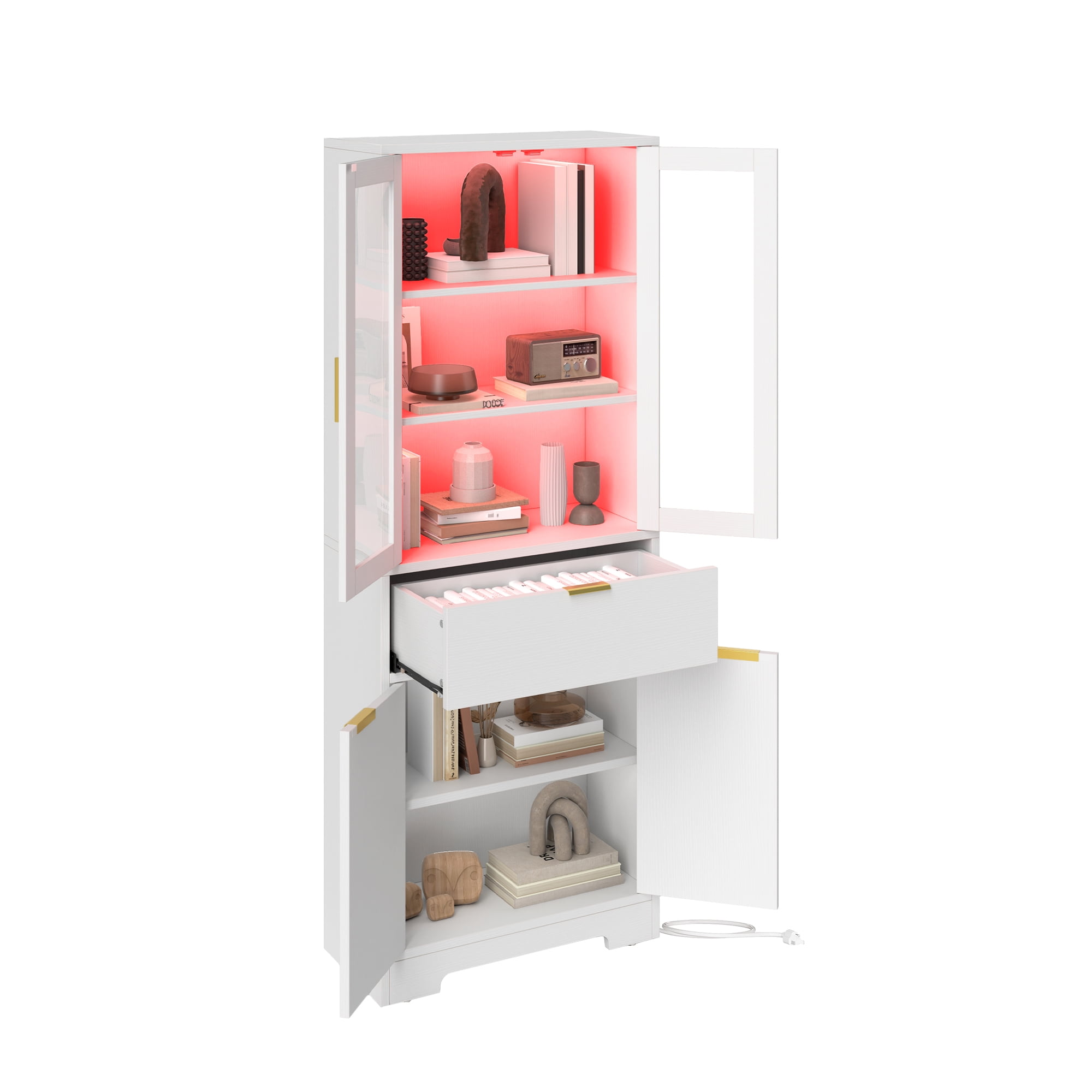 Uforic 65" Bookcase with Drawers & Doors, Tall Storage Cabinet with Adjustable Shelves, Display Bookshelves, White