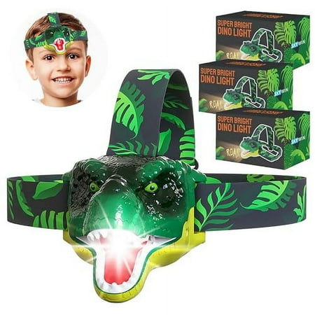 Skywin Kids Headlamp - 3 Pack 2.8 x 2.9 x 2.7" Dinosaur Headlamp for Kids Squeeze Mouth to Switch Roaring Sound Dinosaur Head Lamp with Adjustable Strap Kids Camping Hunting Gear Kids Flashlights