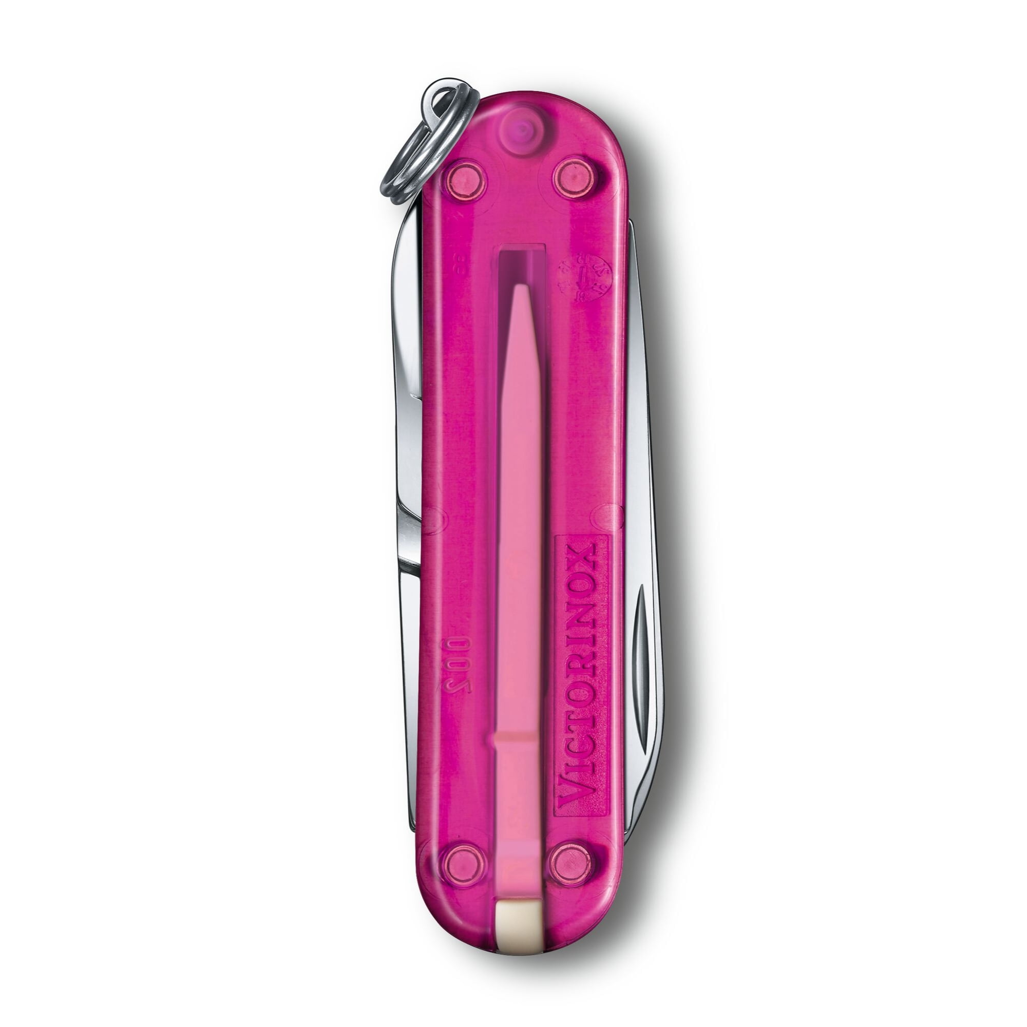 Victorinox Classic SD Swiss Army Knife, Compact, 7 Functions, Swiss Made Pocket Knife with Small Blade, Screwdriver and Key Ring - Transparent Pink