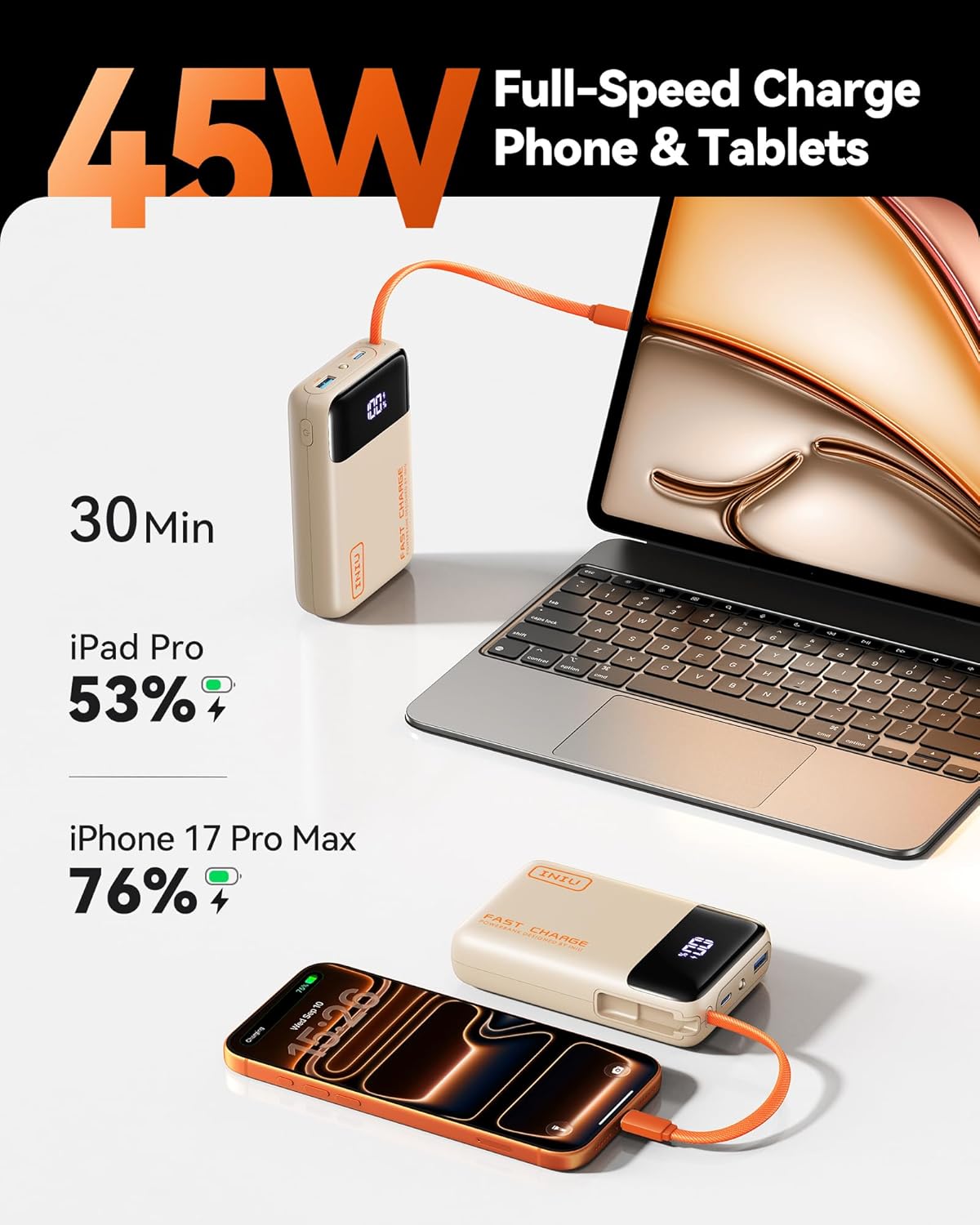 INIU 20000mAh Power Bank 45W with Built-In USB-C Cable photo 3