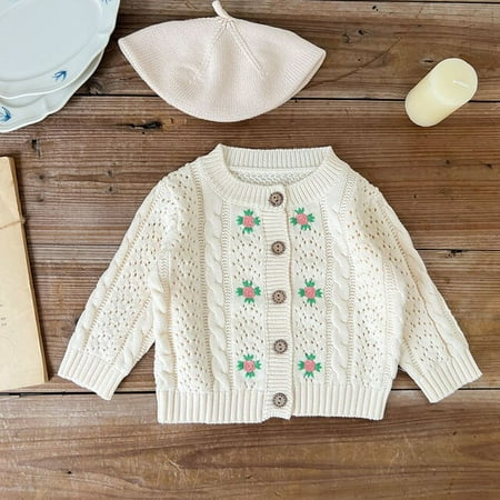 

DancePeanut New Baby Hollow Sweater Autumn Baby Girls Knitting Cardigan Jacket Vintage Sweet Rose Flower Embroidered Cardigan Sweater Coats