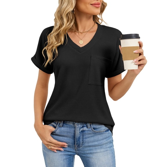 LWavelet Womens Plus Size V Neck Short Sleeve Top Waffle Knit Pocket Summer Trendy Comfortable Daily Casual Versatile Blouse Black XL