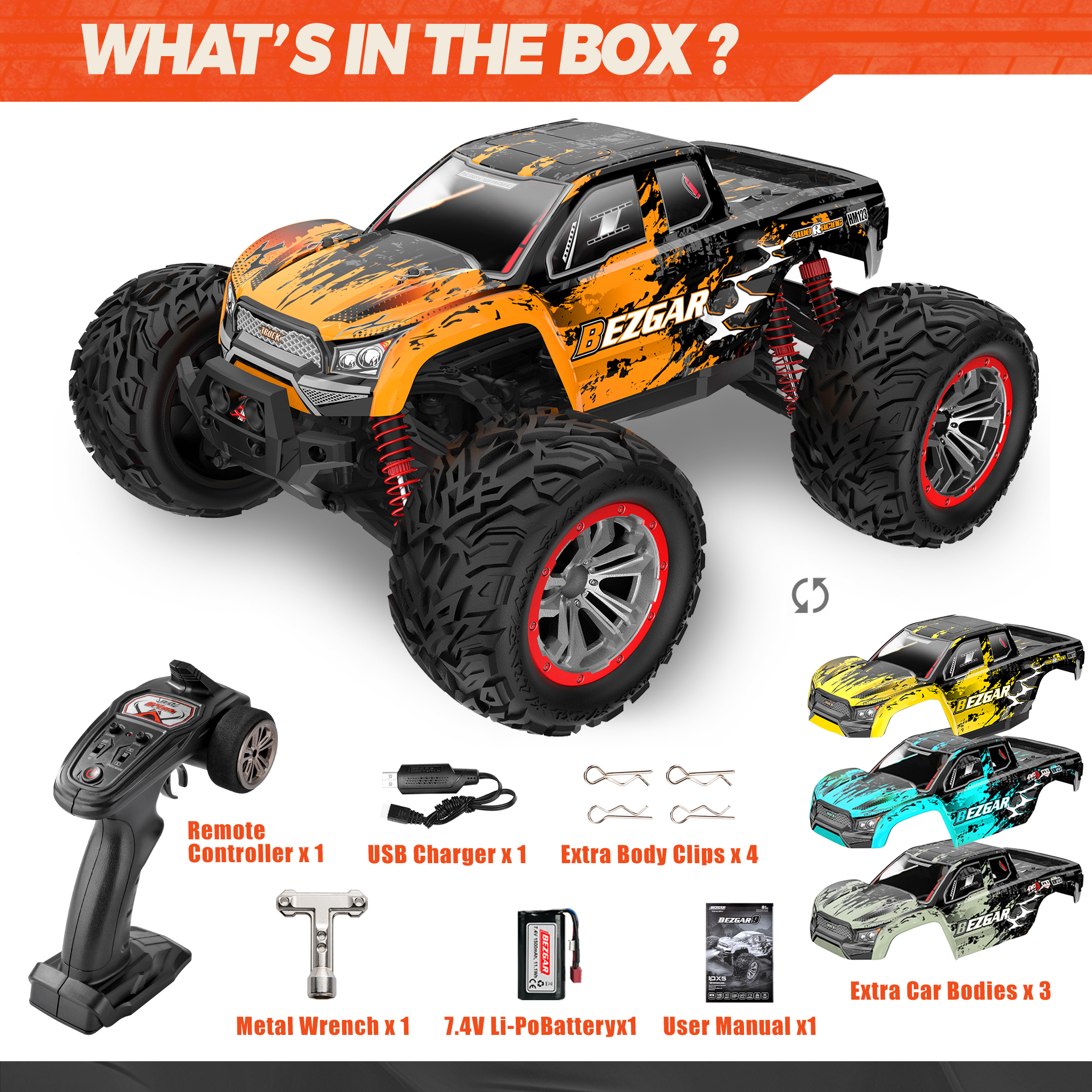 YCFUN Hobby Grade 1:12 RC Monster Truck, 4WD High-Speed 45km/h Off-Road RC Truck with Rechargeable Battery, All-Terrain RC Car for Kids Boys & Adults