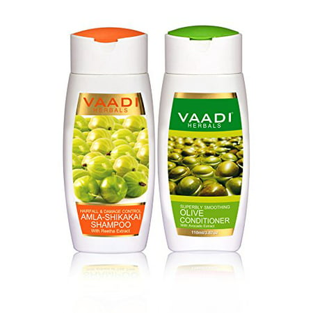 Vaadi Herbals Amla Shikakai Hair fall and Damage Control Shampoo, 110ml with Olive Conditioner, (Best Food For Hair Fall Control)