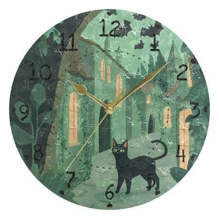 Black Cat and Green Town Round Wall Clock Silent Battery Operated Home Decor for Living Room Bedroom