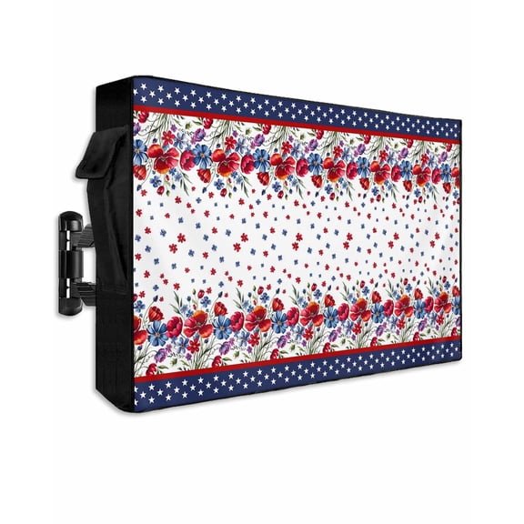 Red Blue Spring Floral Outdoor TV Cover 30 to 32 Inch Weatherproof, Independence Day Navy Blue Stars 600D Oxford TV Covers with Waterproof Zipper, Outside Flat TV Screen Protector 30"Wx19"Hx4.5"D