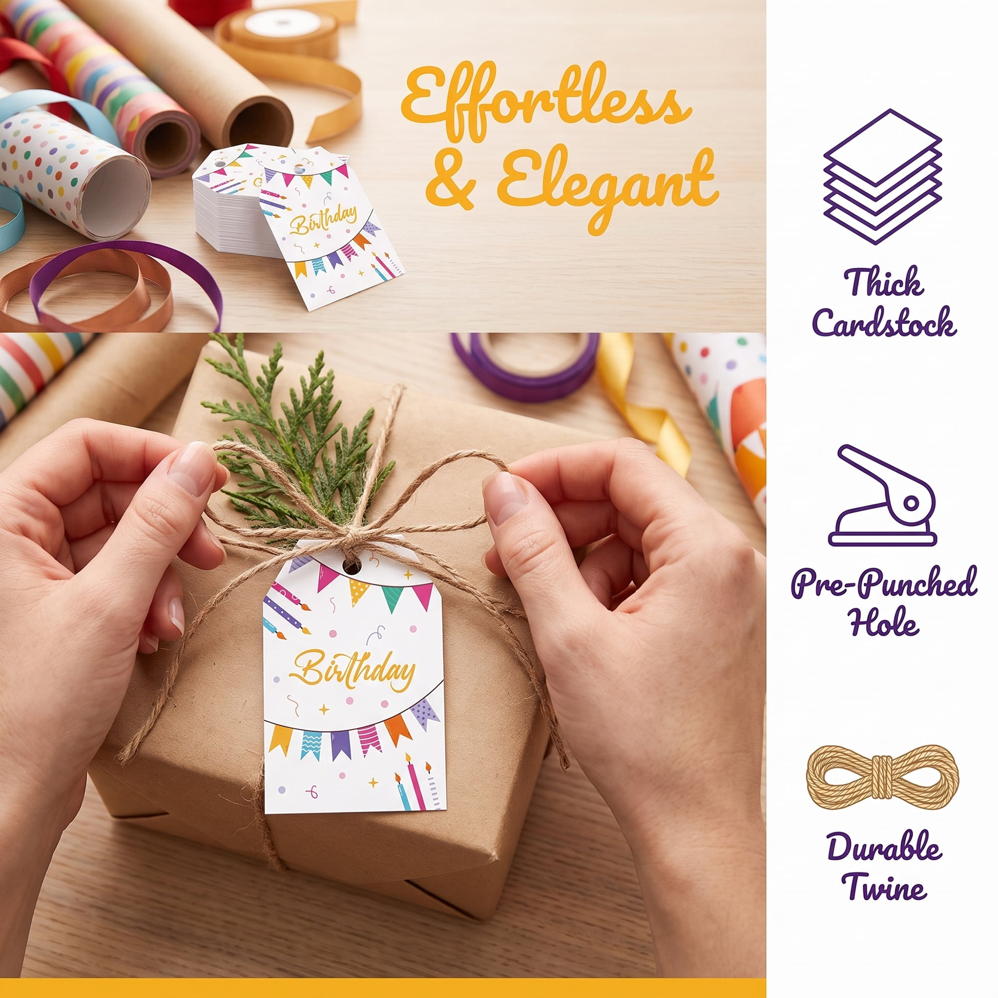 Unique Bargains 100Pcs Elegant Birthday Gift Tags with Twine Double Bunting 2" x 3.1"
