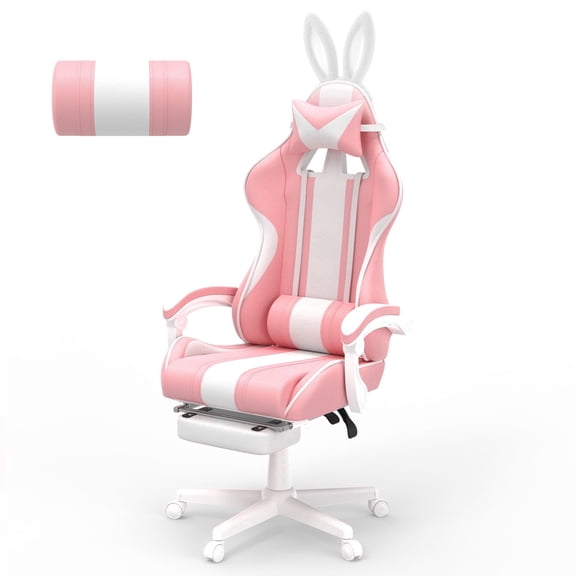 SOONTRANS Pink Gaming Chair with Bunny Ears, Ergonomic Cute Gamer Office Chair with Footrest and Massage, Reclining Leather Computer Game Chair Kawaii for Adults