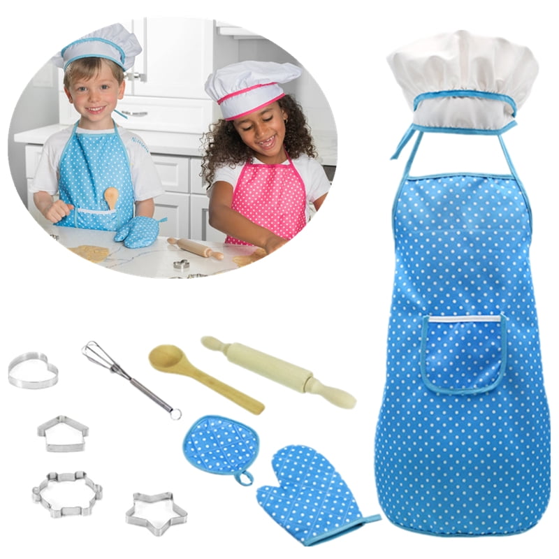 11 Pcs Complete Kids Cooking & Baking Set Apron for Little Girl Chef Hat Costume 