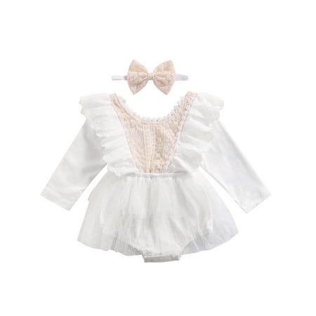 

Yinyinxull Baby Girls Ruffle Bodysuit Dress Long Sleeve Floral Lace Tutu Romper with Headband 2Pcs Fall Outfit Beige White 3-6 Months