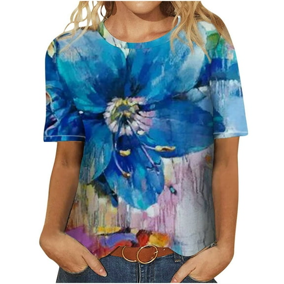 USSUMA Short Sleeve Women Tops Dressy Casual Oli Painting Graffiti 2022 Trendy T-Shirt Shirts Vintage Floral Tunics Top Plus Size for Women Crewneck Summer Blouse