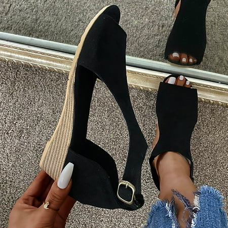 

uikmnh Women Shoes Women Roman Summer Wedges Buckle Strap Beach Open Toe Breathable Sandals Shoes Black 7.5