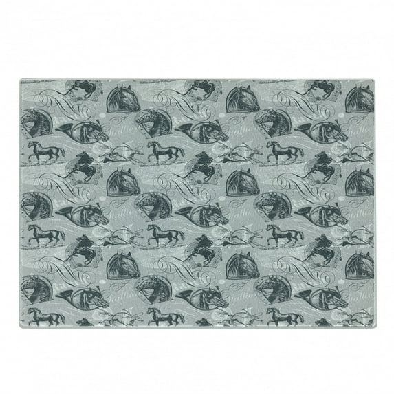 Horses Cutting Board, Vintage Monochrome Sketch Stallion Swirls Calligraphic Design Animal Theme, Decorative Tempered Glass Cutting and Serving Board, Small Size, Pale Grey White Grey, by Ambesonne