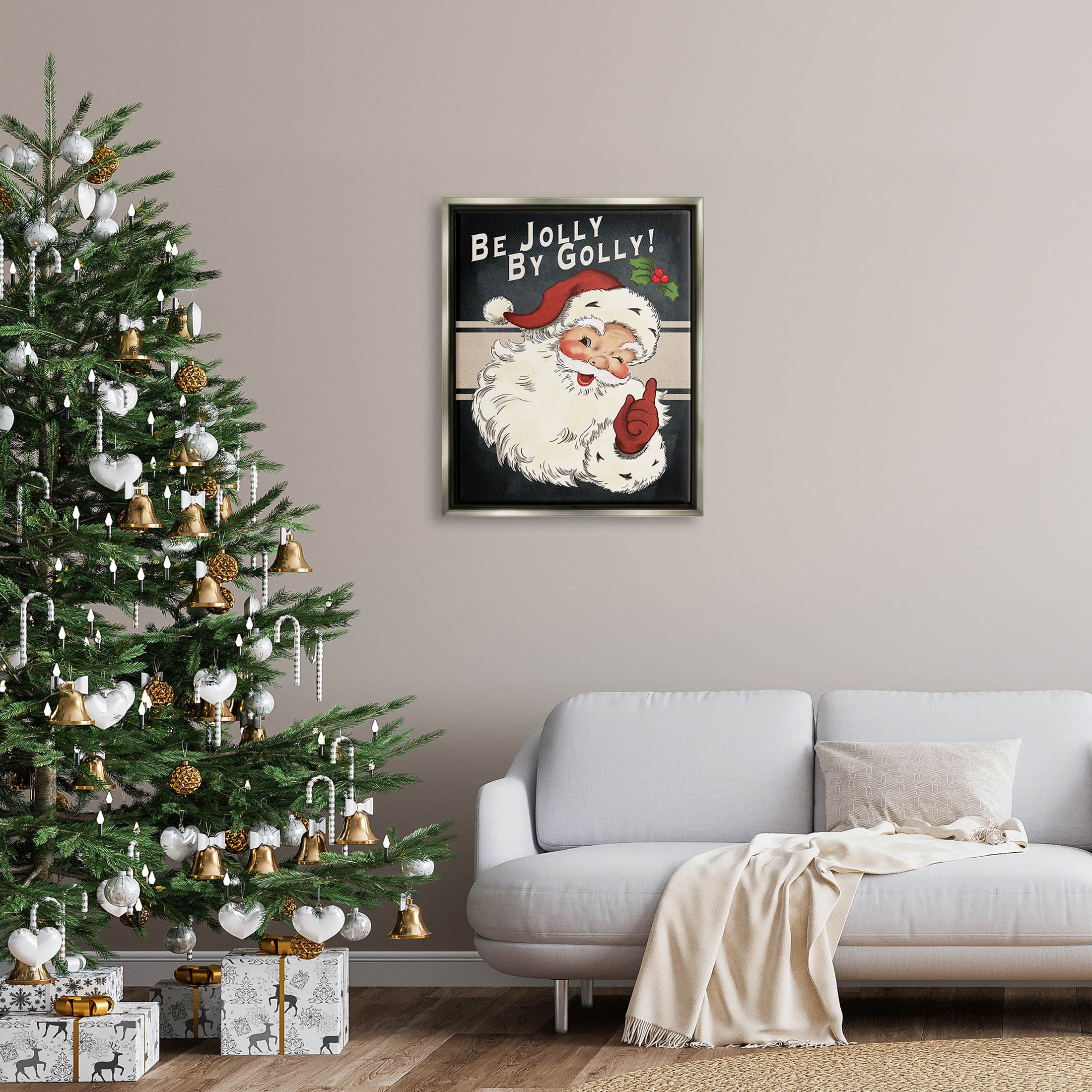 Be Jolly By Golly Vintage Christmas Santa Holiday Graphic Art Luster Gray Framed Art Print Wall Art