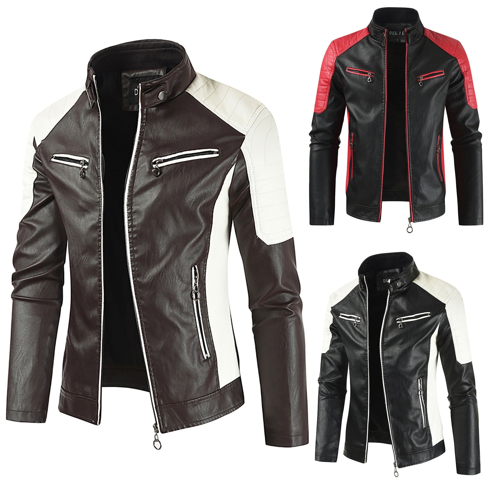 IROINNID Men's Faux Leather Stand Collar Long Sleeve Color Block Leisure Stand Collar Pocket Color Block Jacket