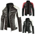 thumbnail image 3 of XMMSWDLA Deals Clearance Tops for Men Stand Collar Pocket Zipper Color Block Casual Leather Jacket, 3 of 7