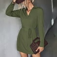 thumbnail image 6 of Fall Dresses for Women Long Sleeve V Neck Solid Color Short Shirts Dress Tie Waist Hi-Lo Hem Casual Work Mini Dress, 6 of 7
