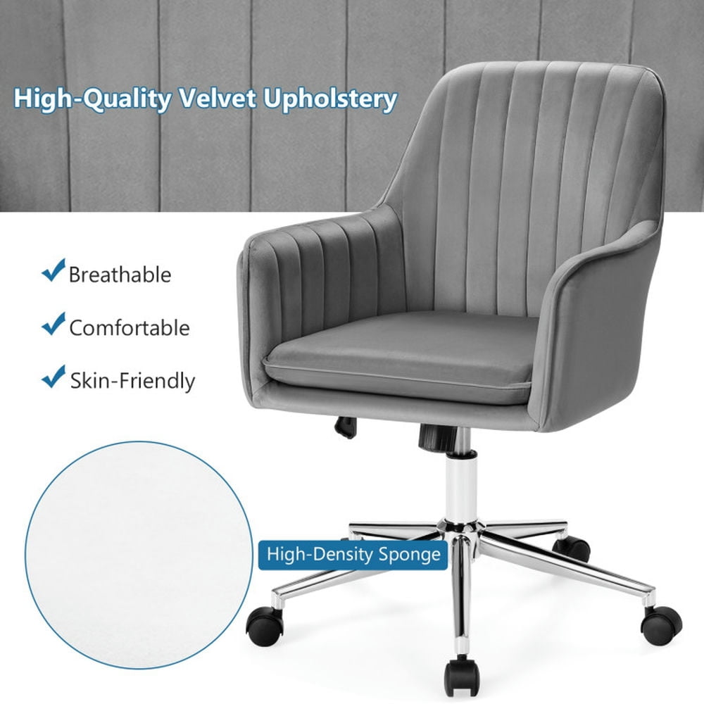 Demi Bonn Velvet Accent Office Armchair with Adjustable Swivel and Removable Cushion Rolling Work Computer Desk Chair, Gray