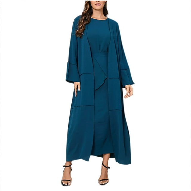 Abaya Musulmane pour Femmes, Ensemble Trois Pièces, Robe de Prière Islamique, Cardigan Maxi Ouvert, Chemise à Manches Courtes et Jupe