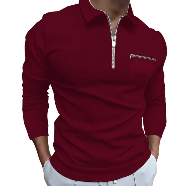 Blusa y camisa de manga larga con cuello vuelto para hombre, color liso, con bolsillos, mangas largas, cuello vuelto, camisa de golf de moda para hombre, parte superior de poliéster