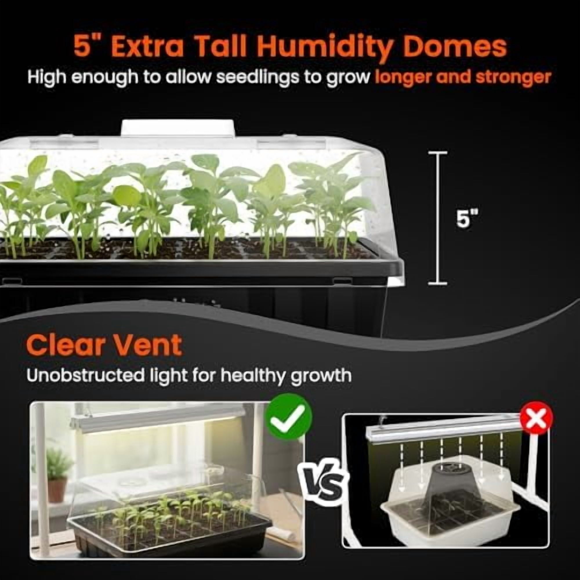RibRave [Thick Plastic] 3-Set Strong Seed Starter Trays with 5" Humidity Domes for Seed Starting, Germination, Seedling Propagation & Plant Growing, Holds 144 Cells in Total